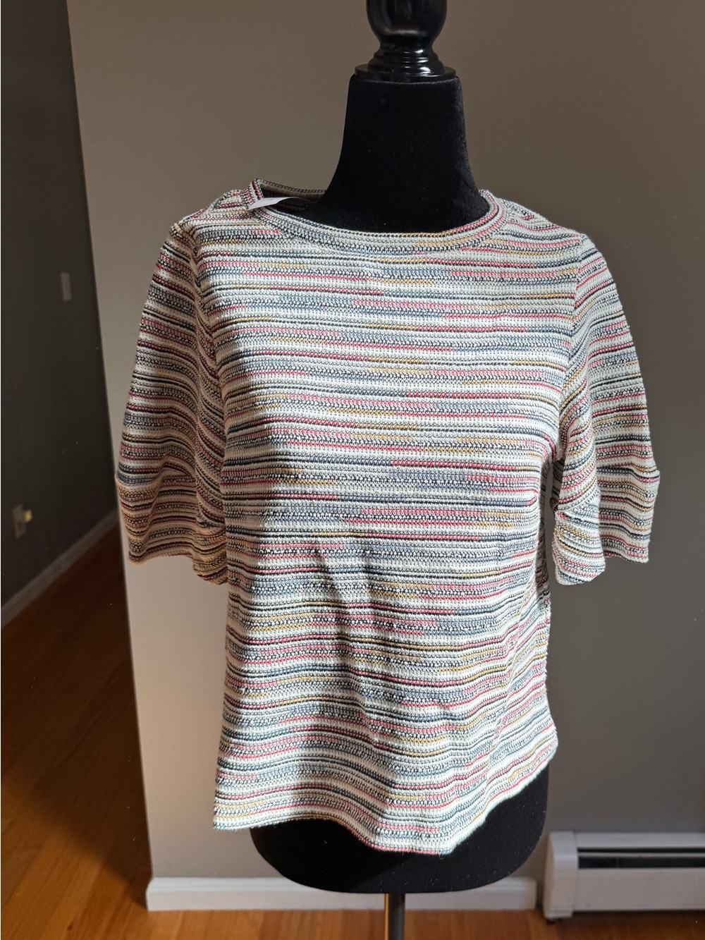 J. Crew Striped Knit Short-Sleeve Top in Cream with Pink, Blue, Yellow
